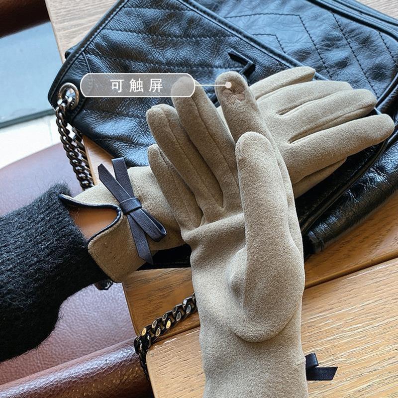 Handschuhe für Damen im Winter Koreanischer Stil Niedliche Schleife mit Samt Verdickt Herbst Fahren Elektrofahrrad Zum Schutz vor Kälte und Wärme Touchscreen