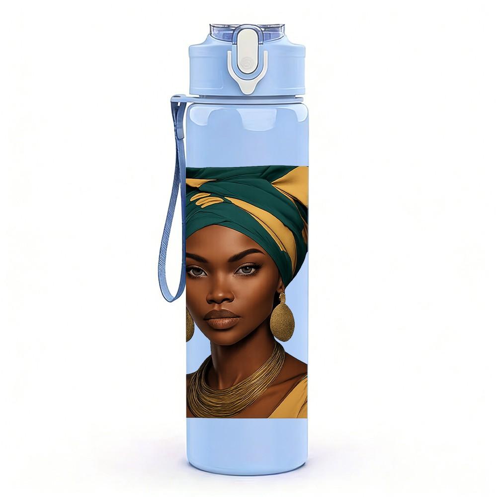 1PC African Woman Ethnic Art Portrait Print 750ml Color Plastic Sports Water Bottle Leakproof Flip Straw Lid Suitable for Sports Office Home Use
