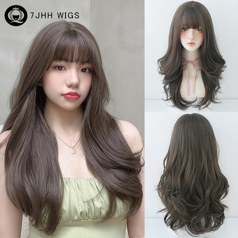 7jhh Wigs Honey Brown Wigs With Neat Bangs High Density Synthetic Loose Brown Hair Wig For Women Daily Use Beginner Friendly