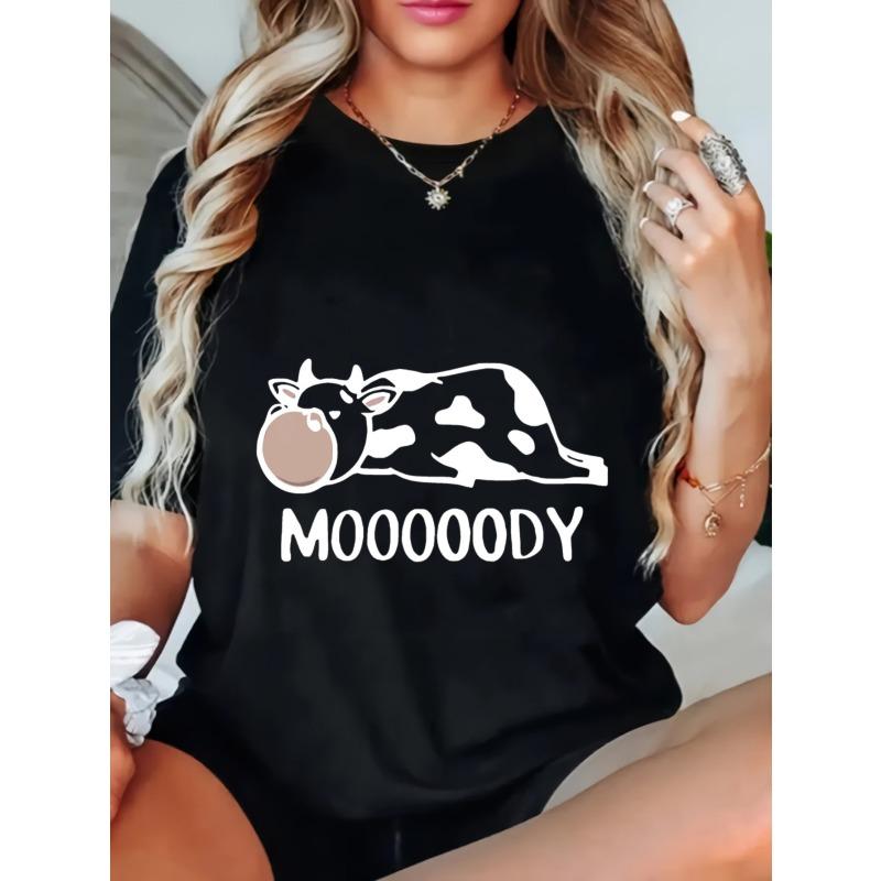 

Women Casual Loose T Shirt Black Cow Print MOOOOODY Graphic Tee For Everyday Wear and Fun Outings XXXXL чорний