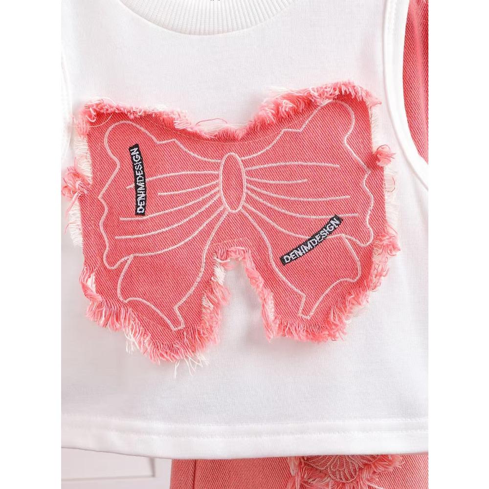 Vaikiški drabužiai Mergaitėms 4-7 m. Rinkinys trumpomis rankovėmis Vasarinis be rankovių topas su kaspinėliu + Rožinis plėšytas džinsinis kelnių rinkinys