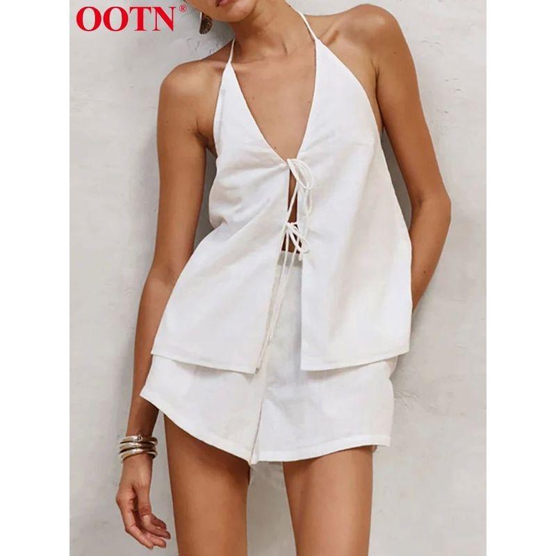 

Neck Hanging Sleeveless Hot Pants Set Halterneck Sleeveless Shoelace Hot Pants Suit White S