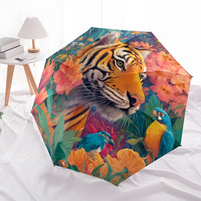 Tiger Parrot Pattern, Automatic Folding Umbrella, Portable and Foldable Design, 8 Ribs, a Christmas or Birthday Gift.
