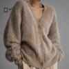 Women Knitting Coat V-Neck Long Sleeve Solid Color Single Breasted Sweater Coat Loose Fit Stretchy Outwear