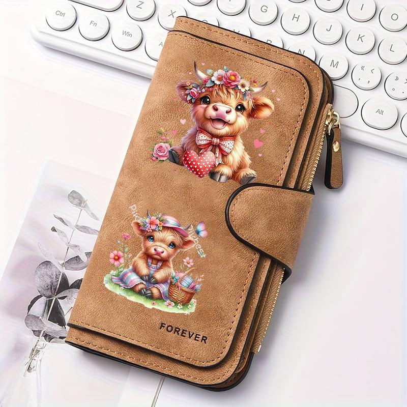 Women's Long Wallet with Scottish Highland Cow Pattern Multi-functional Portable Snap Button Coin Purse Fun Design Perfect for Birthday and Daily Use