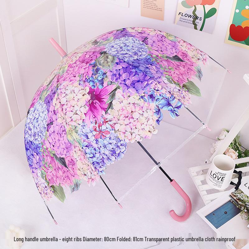 Japanese Forest Style Transparent Cherry Blossom Umbrella with Arched Long Handle for Students