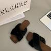 Women's Plush Cross Strap Slippers - Fashionable Flat Bottom for Fall/Winter 2025