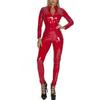 Women's Shiny Patent Leather Cutout Front Bodysuit Lace-up High Neck Zipper Slim Fit Catsuit