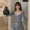 Gray Lace Stitching Hooded Sweatshirt & A-Line Skirt Casual Two-Piece Set for Women