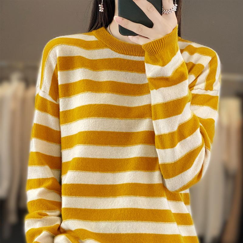 Andy Velvet Striped Round Neck Knitted Base Shirt for Women In Autumn and Winter Skin-friendly and Warm Pullover Top Loose and Versatile Sweater