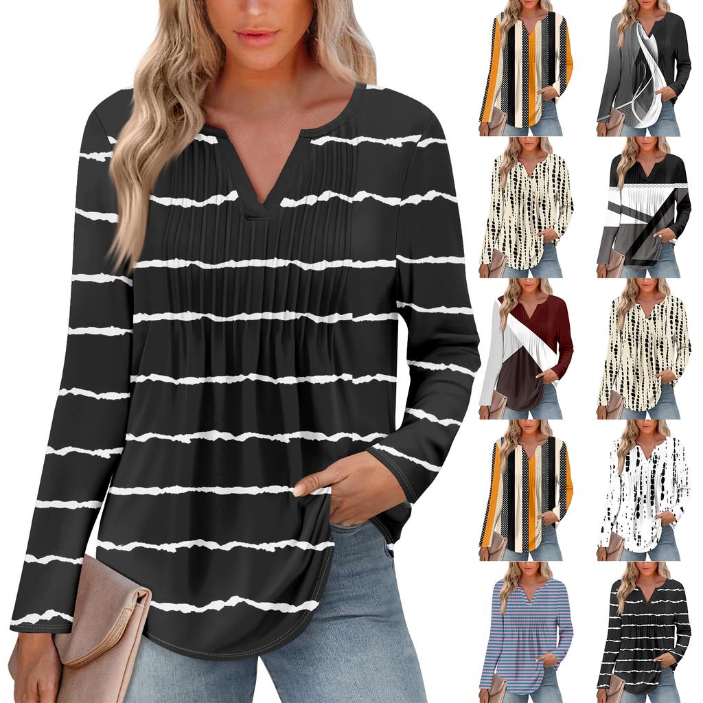 Dámská móda Ležérní Plisované Tričko s V výstřihem a Dlouhým Rukávem Elegantní Top
