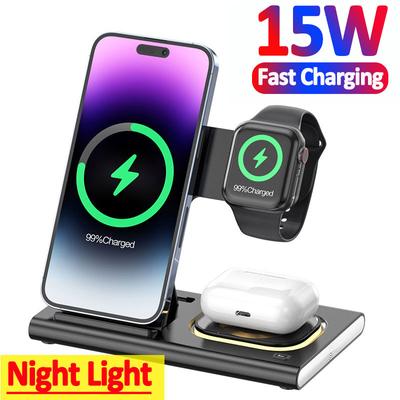 15W Foldable Fast Wireless Charger Stand For iPhone 14 13 12 Pro Max 11 Apple Watch 8 7 6 Airpods 3 In 1 Charging Dock Station