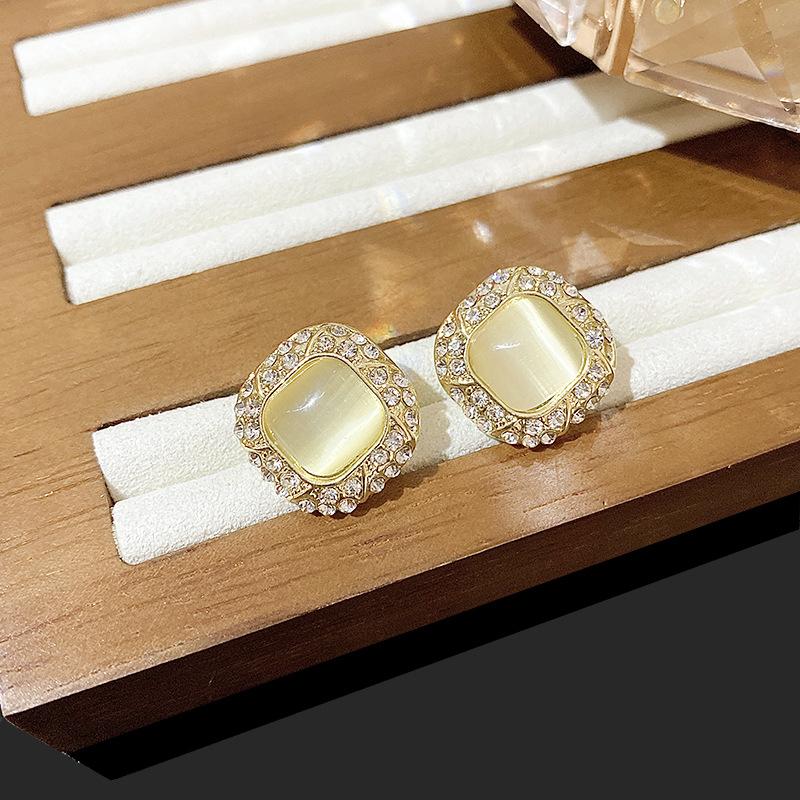 Vintage Geometric Opal Stud Earrings Femininity Full Diamond Square Earrings Year Earrings