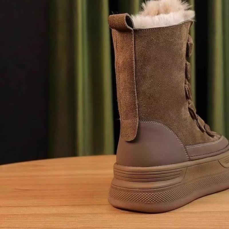 Winter New Round Toe Suede Thickened Anti-Slip Wear-Resistant Front Lace-Up Side Zipper Soft Sole Anti-Slip Shorthole Boots