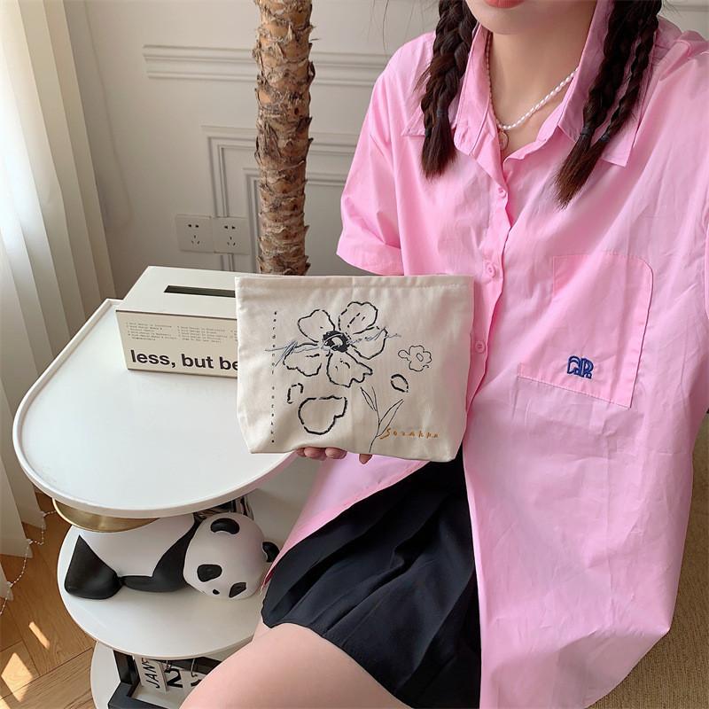 Japanese Floral Embroidery Portable Large Capacity Cosmetic Bag Street Fashion Canvas Lipstick Storage Bag