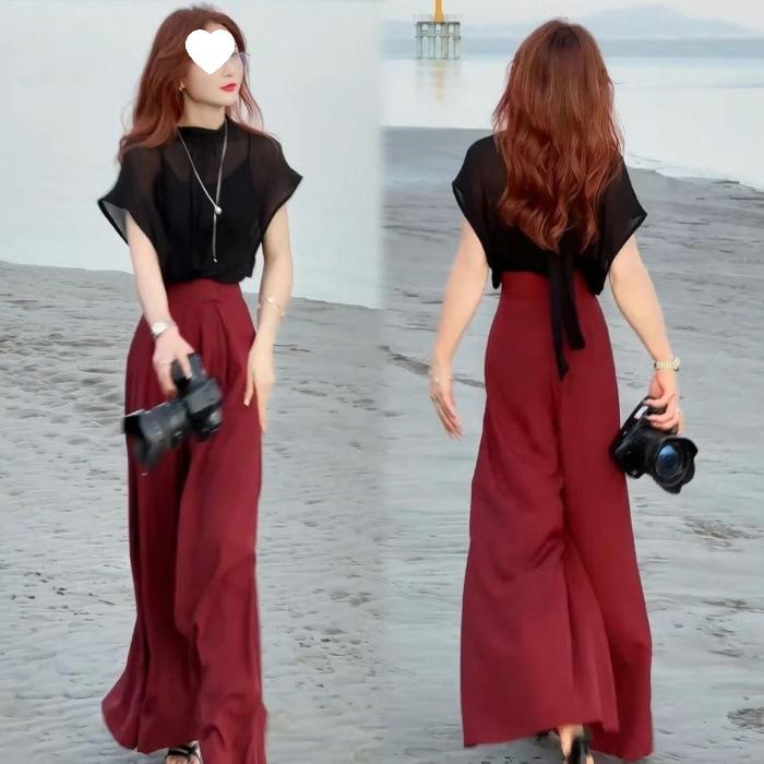 Модный Женский Летний Стильный Утягивающий Шифоновый Топ в Сочетании с Широкими Брюками Высокой Посадки - Красивый Комплект из Двух Предметов. M