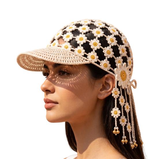 Breathable Summer Headwear Hand Crocheted Sunflower Baseball Cap, Bohemian Tassel Bell Hat, Handmade Knit Cutout Floral Spring Fashion Cap Beanie