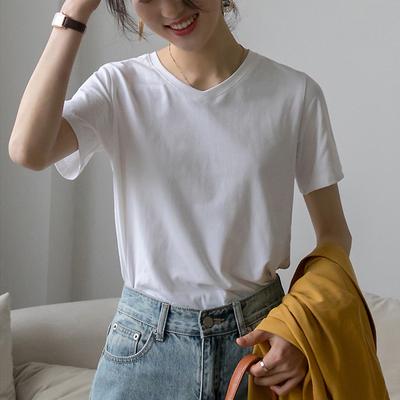 Summer Women's Loose Versatile Thin Fine Cotton V-neck Short-sleeved T-shirt