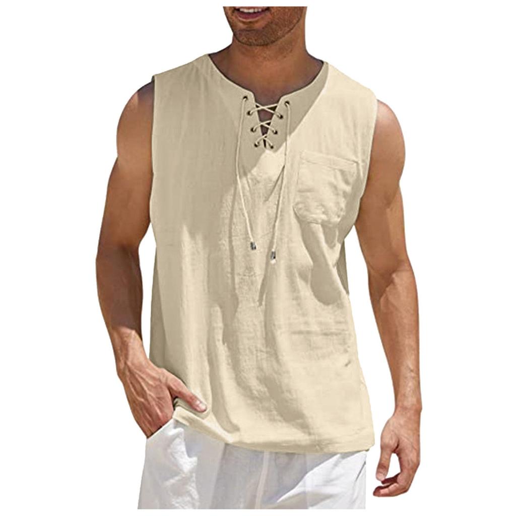 Herren Casual Lose Baumwolle Leinen Hemden Farbe Hemd Bluse Ärmellose Weste Strand Hemden Tops