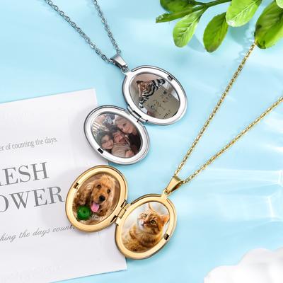 Customize Oval Locket Photo Frame Pendants For Women Men Glossy Stainless Steel Necklaces For Mothers' Day Fathers‘ Day