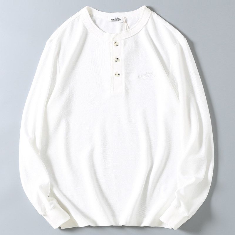 Export American Style Casual Henry Collar Letter Embroidered Long Sleeve T-shirt Men's Spring and Autumn 240G Heavy Weight Waffle Bottoming Shirt