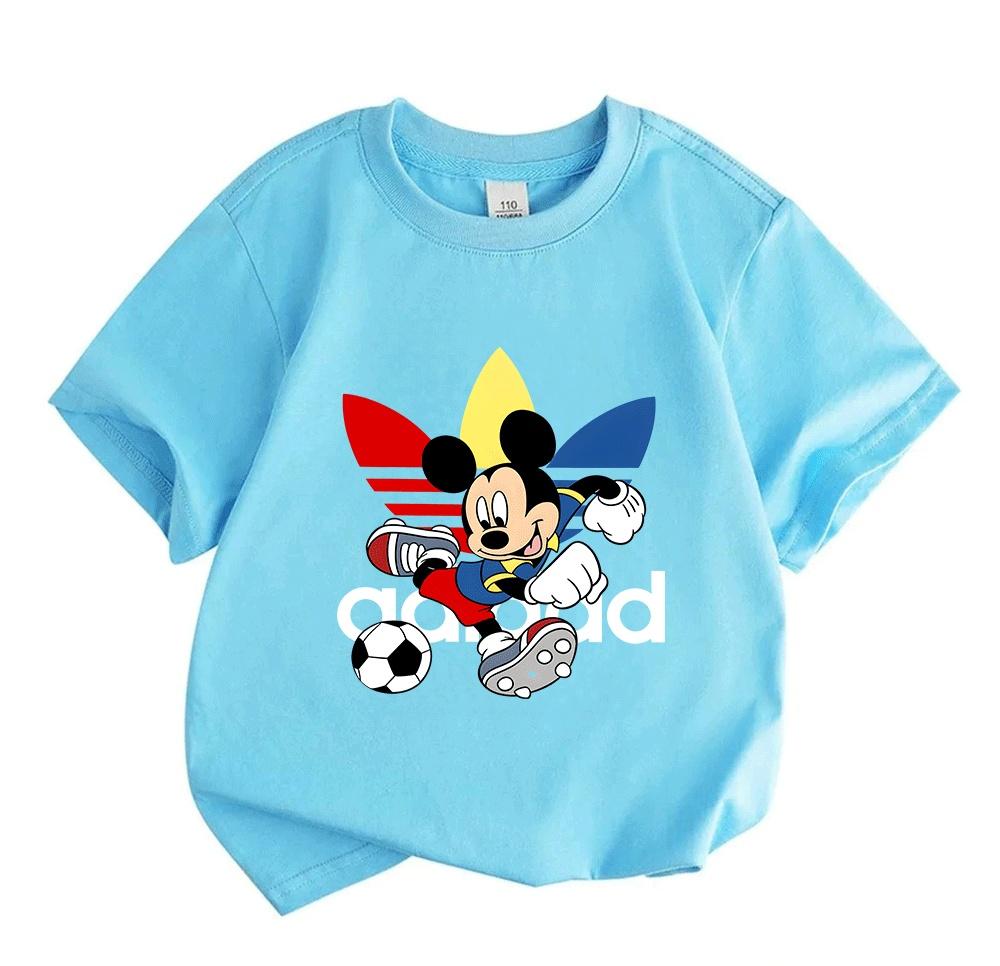 Kids Boys Girls 100% Cotton Crew Neck Short Sleeve T-Shirt, Cute Cartoon Football Playing Mouse Print Casual Soft Breathable Summer Top for Children D