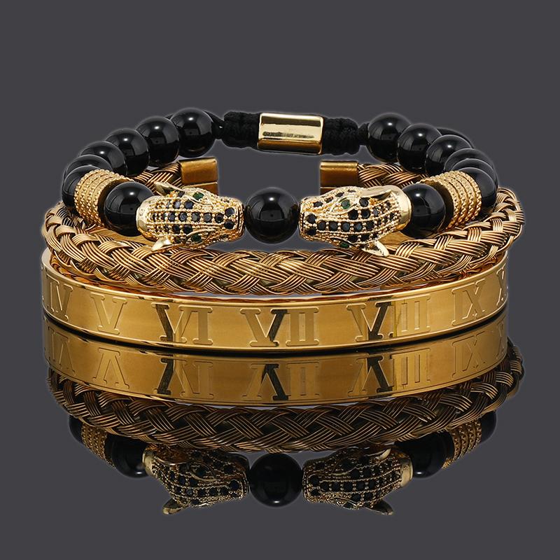 Luxury Black Stone Beads Leopard Head Man Bracelet Enamel Stainless Steel Roman Bangles Women Jewelry 3 pieces make a set