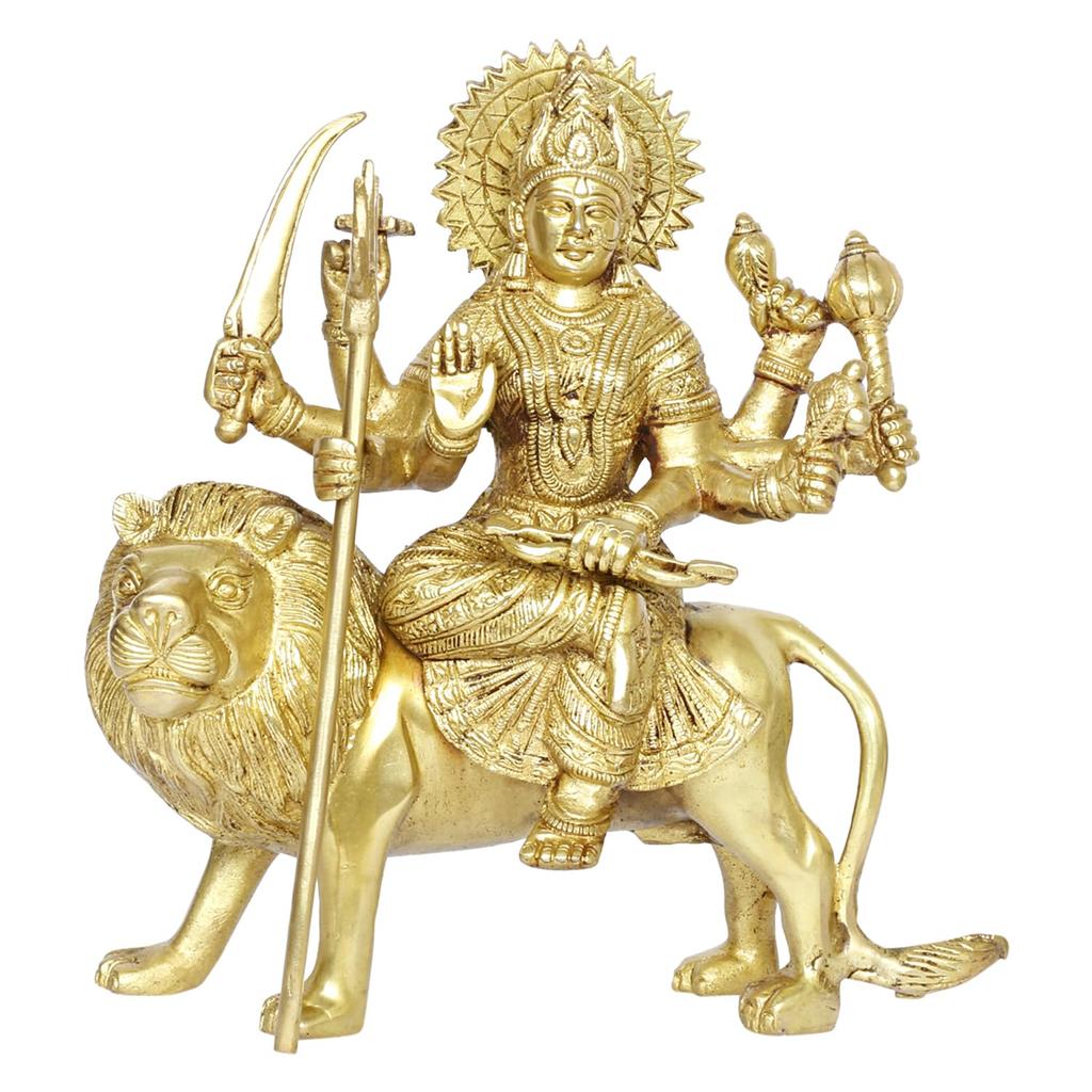 Pure Brass Idol Of Maa Durga Sherawali For Home Decor In Gold Color - 9 Inch