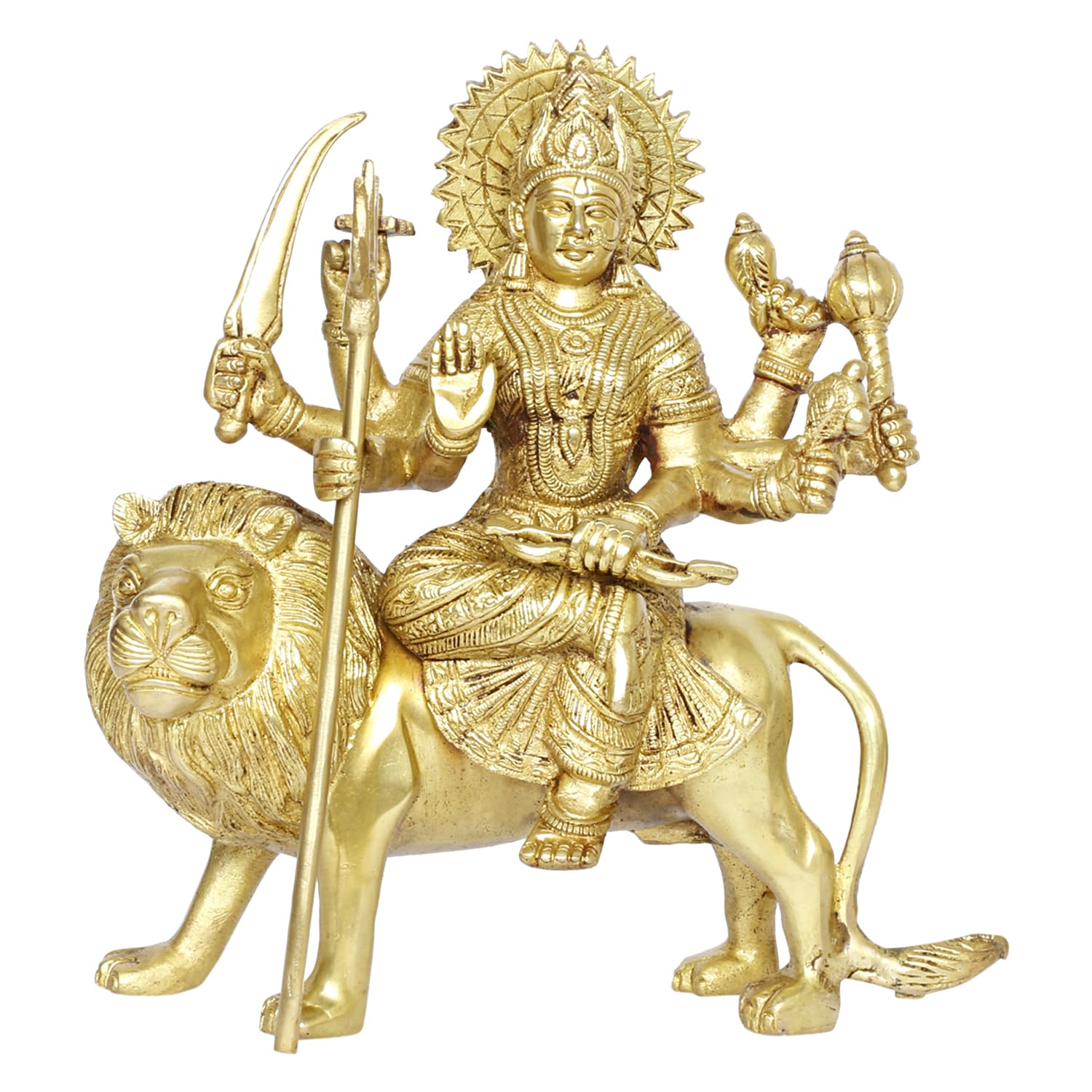 

Pure Brass Idol Of Maa Durga Sherawali For Home Decor In Gold Color - 9 Inch
