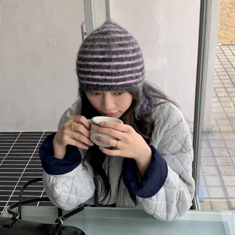 Colorful Earflap Knitted Hat Striped Baggy Beanie Hat Fashion Striped Balaclava for Outdoor Ski