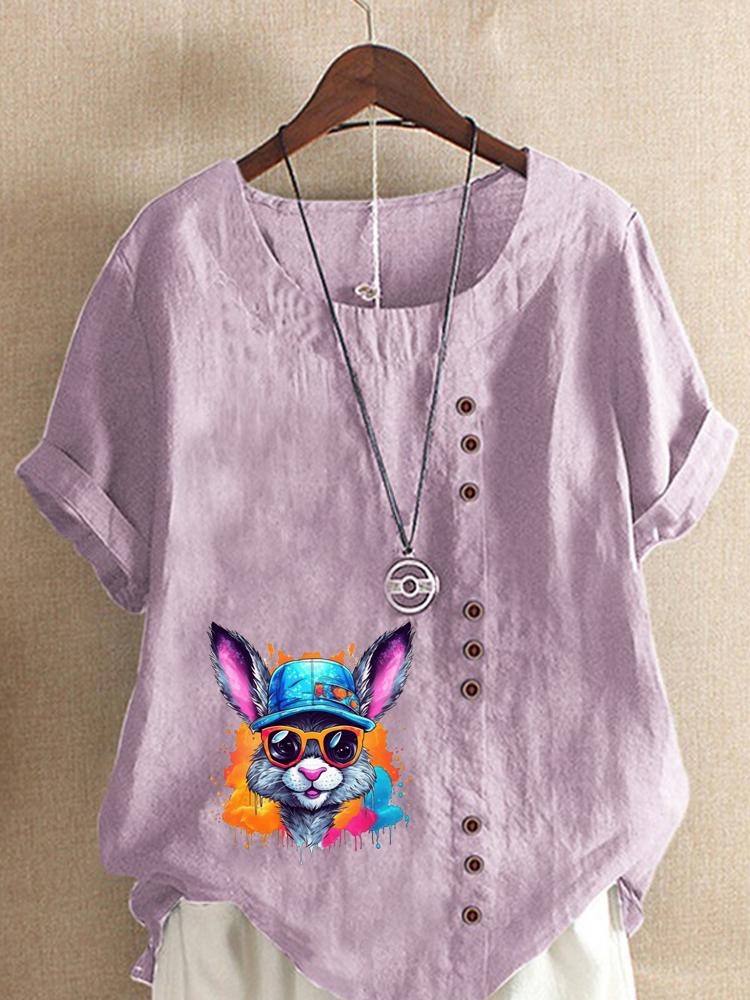 Women's Fashion Colorful Rabbit Print Round Neck Short Sleeve T-shirt Summer Casual Cotton Linen Graphic Shirt Leisure Loose Blouse Tops