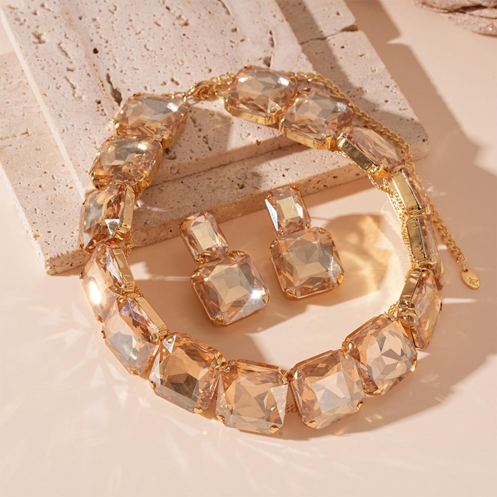 

Корейский стиль Квадратный кристальный ювелирный набор Многофункциональное сверкающее колье Женщины золотой