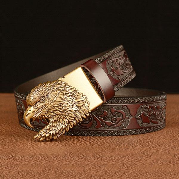 Fashion Men's Belt Leather Belt Men's Carved Pattern Gold Self Buckle Belt Jeans