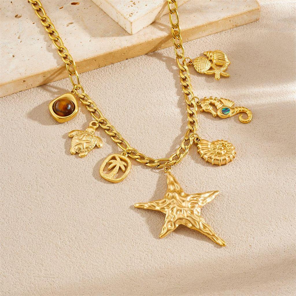 Fashion Stainless Steel Faux Pearl Pendant Necklace with Cherry and Starfish Design for Women