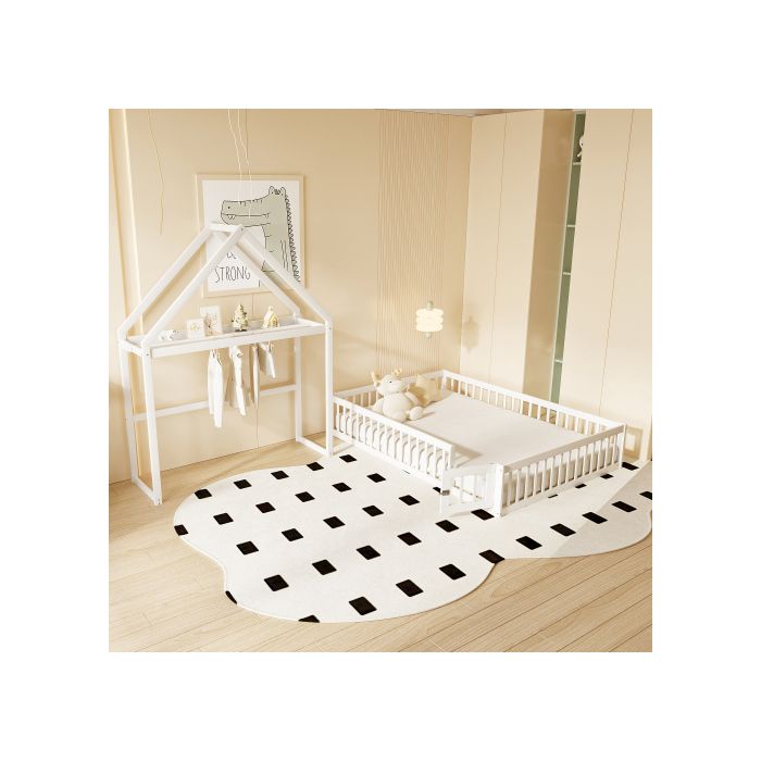 Lit bébé 140 x 200 avec espace de rangement, garde-corps complets, porte et sommier à lattes, blanc