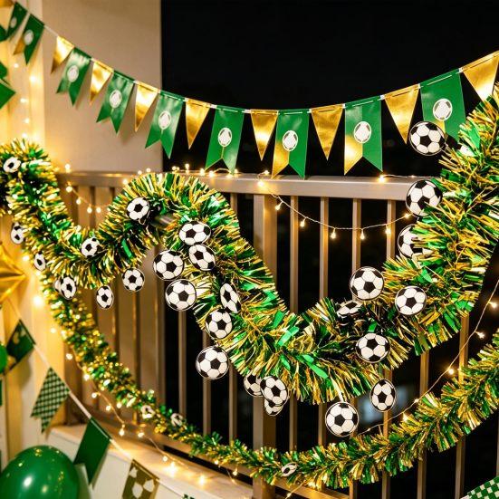 78.7" Soccer Tinsel Garland, Green And Gold Football Party Decoration with Soccer Cutouts for Event, Fan Cheering, Sports Birthday Party Supplies