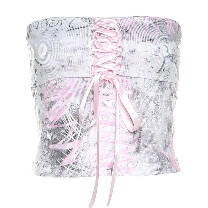 

# Sisjuly# Французский Винтажный Принт в Стиле Двора, Прилегающий Сексуальный Топ-Труба, Женский, Банты, Шнуровка, Универсальный Топ Pink L