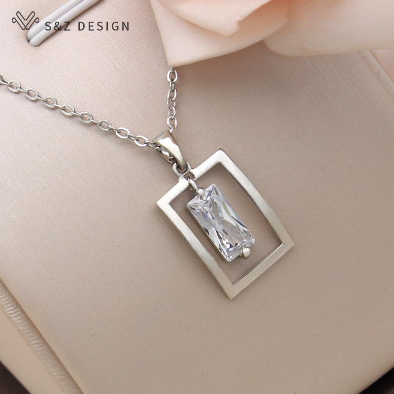 Fashion Temperament Rose Gold Color Rectangle Cubic Zirconia Pendant Necklace For Women Trendy Fine Jewelry