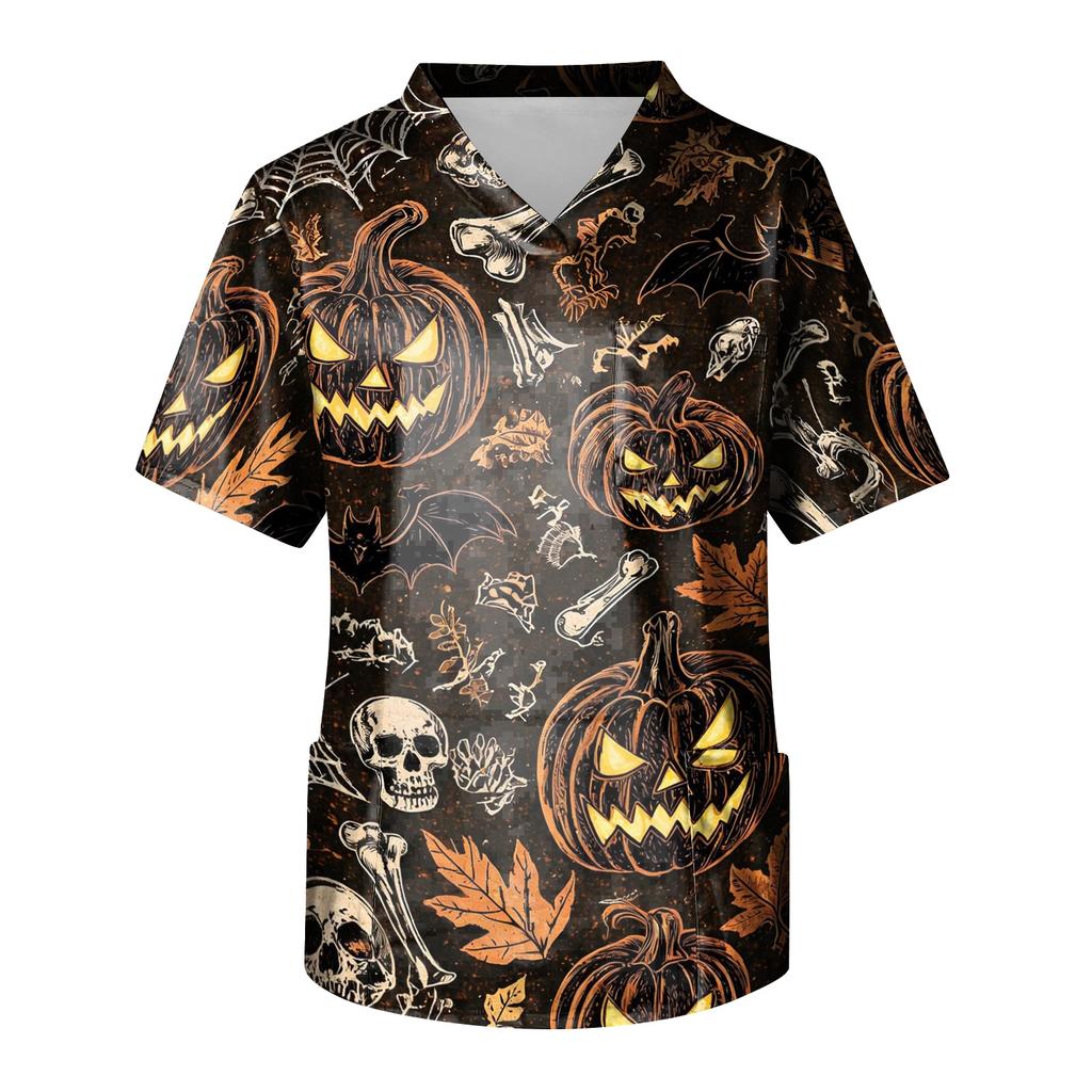 Men's Halloween Print V-Neck Scrub Top with Pockets Comfort Fit for Daily Work