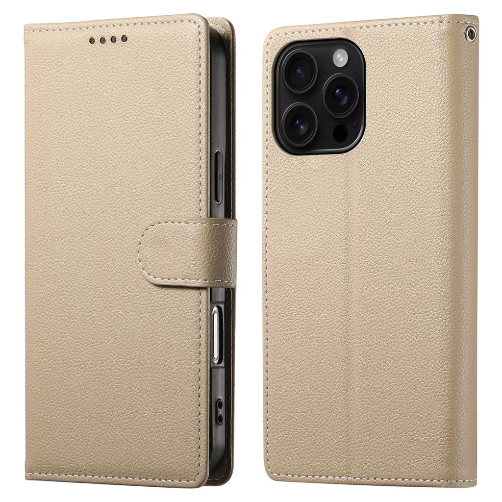 DF-012 Für iPhone 16 Pro Hülle Leder mit Litschi-Textur Brieftasche Ständer Handyhülle