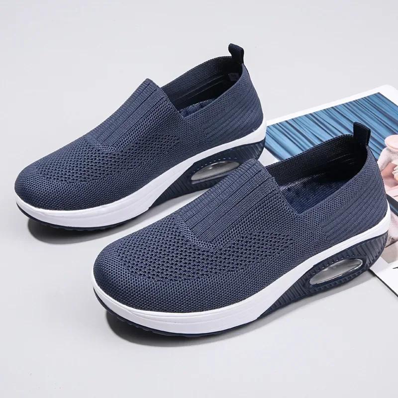 Women Knitted Mesh Sneakers Breathable Casual Sport Shoes Wedge Platform Rocking Shoes Increasing Ladies Vulcanized Shoes2025