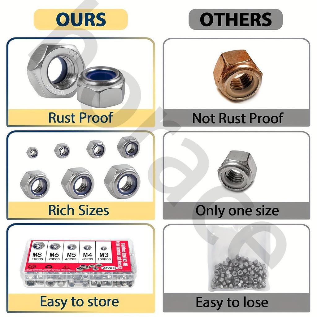 230-Piece Stainless Steel Nylon Lock Nut Set, M3-M8 Self-Locking Nuts in Box