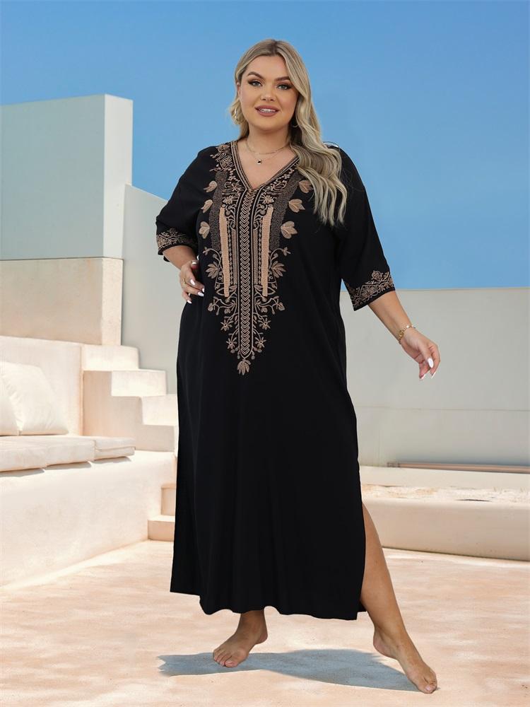 EDOLYNSA Plus rozmiar haftowane czarne damskie sukienki Kaftan wakacyjna sukienka plażowa narzutka na strój kąpielowy strój wypoczynkowy przytulny dom szata Q1676