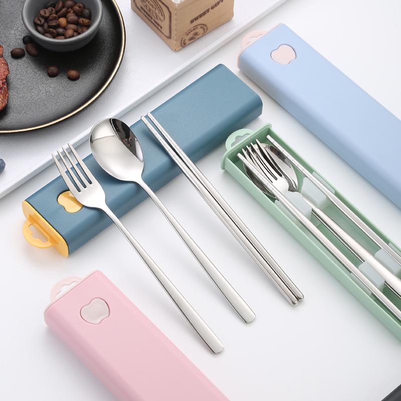 304 Stainless Steel 3-Piece Cutlery Set: Spoon, Fork, Chopsticks with Portable Storage Box for Students & Outdoors