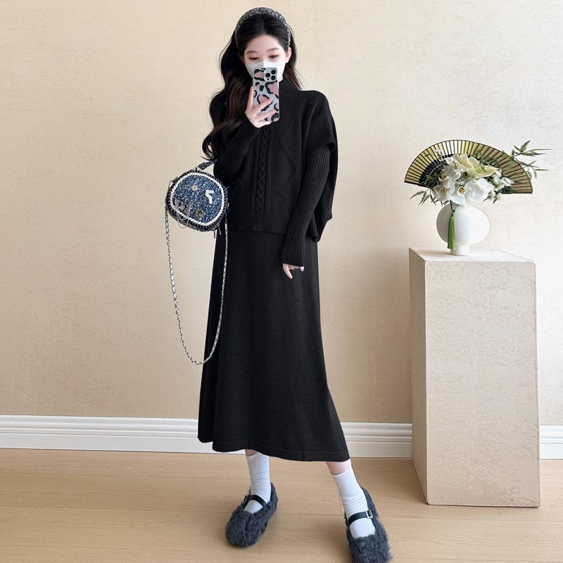 In-Stock 2026 Autumn/Winter Korean Style Cable Knit Christmas Two-Piece Dress 2XL