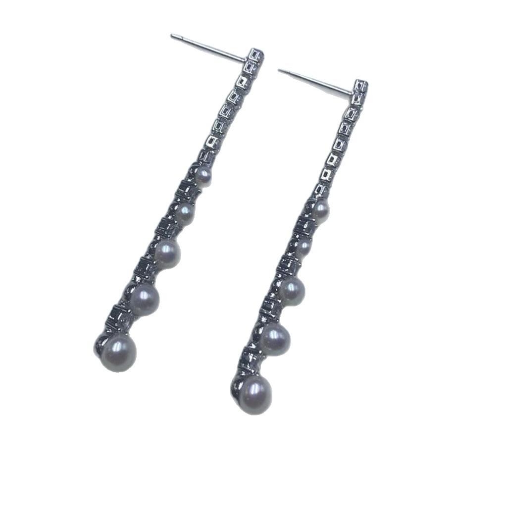 Natural freshwater pearl zircon splicing stud earrings female Xu Yan Ruth light luxury high-end long fringed earrings