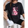 White T Shirt With Pink Cat Rose And Heart Print For Casual Wear