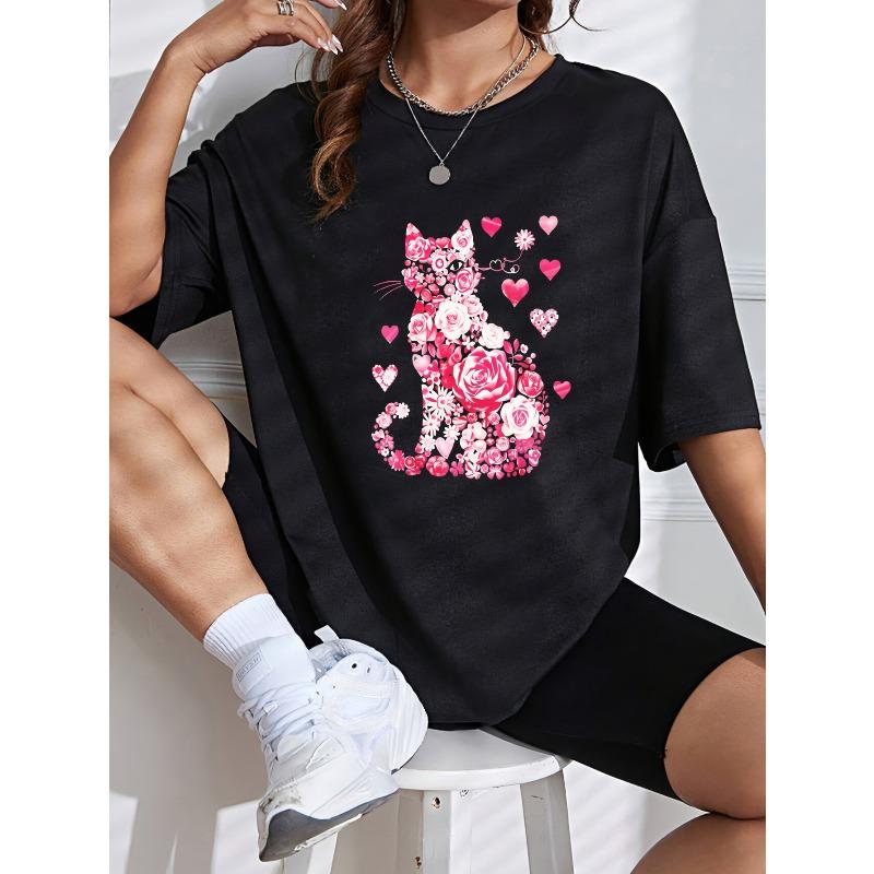 White T Shirt With Pink Cat Rose And Heart Print For Casual Wear