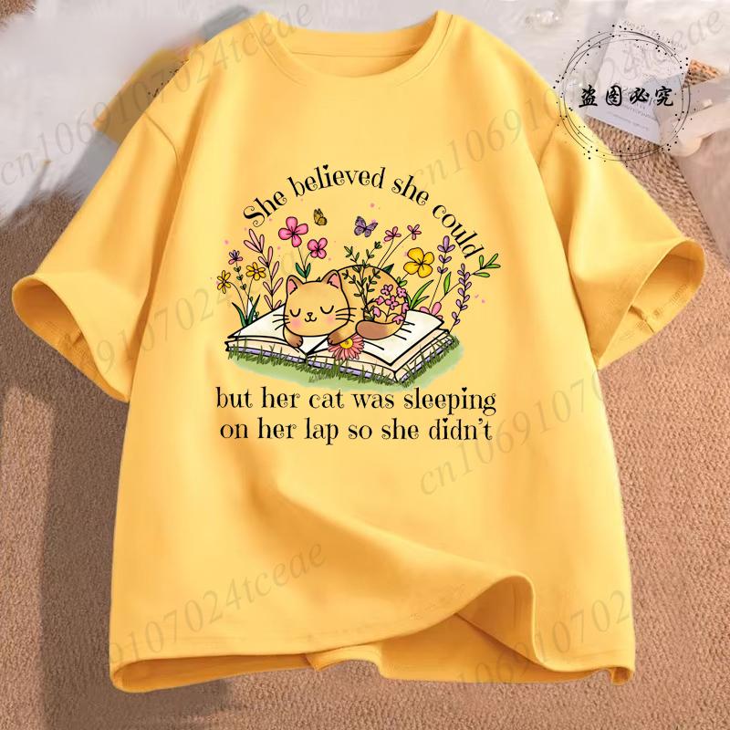 

Она Верила, Что Сможет Футболки Топы Смешная Цветочная Кошка Рубашка Женская Модная Футболка Топы Оверсайз Летняя Футболка Короткий Рукав Одежда 3XL