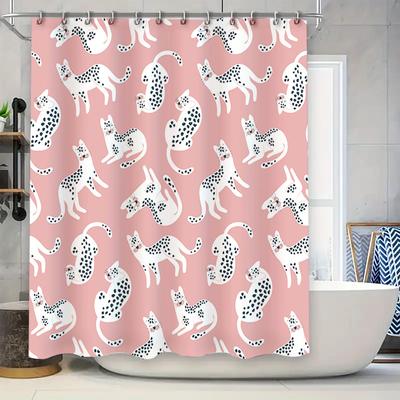 Pink Bath Shower Curtain with White Cats Dogs Pattern Decorative Waterproof Polyester for Home Bathroom Accessories